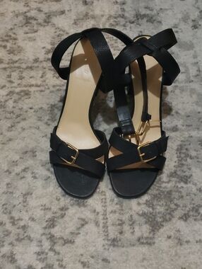 J. Crew Black Strappy Heeled Sandals with Gold Buckles